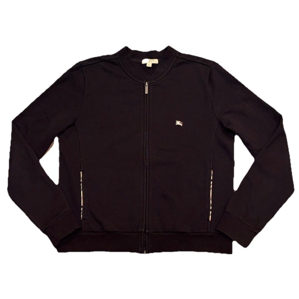 Burberry Full Zip Sweatshirt Mock Neck Black Nova Check Trim Women's Medium